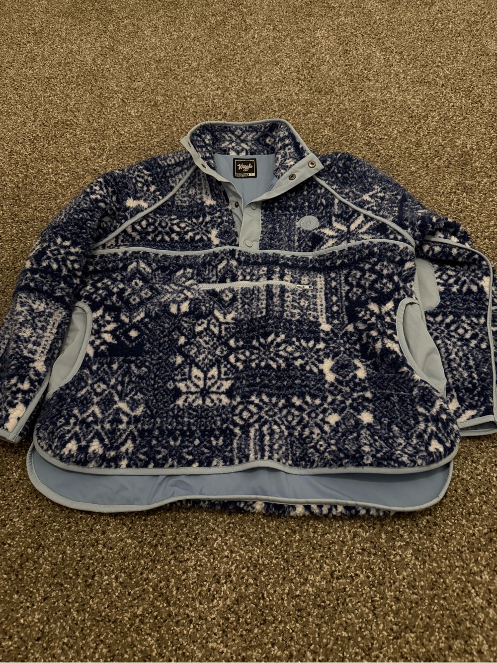 Navy & Light Blue Patterned Fleece Snap-Placket Pullover